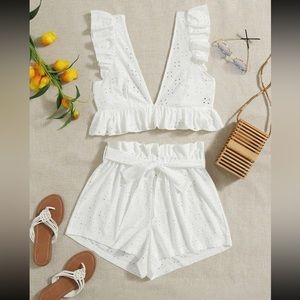 White eyelet embroidery ruffle top and shorts set
